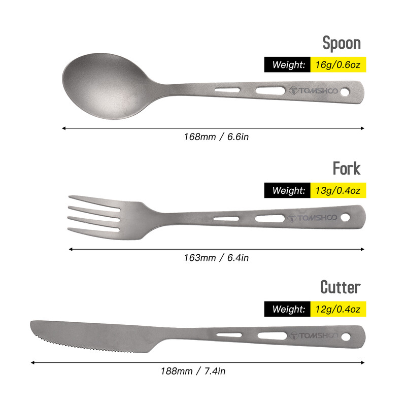 TOMSHOO set pribora za jelo od 3 komada od titana, lagani rezač sa žlicom i vilicom s karabinerom i vrećom za povlačenje za posuđe za kampiranje na otvorenom