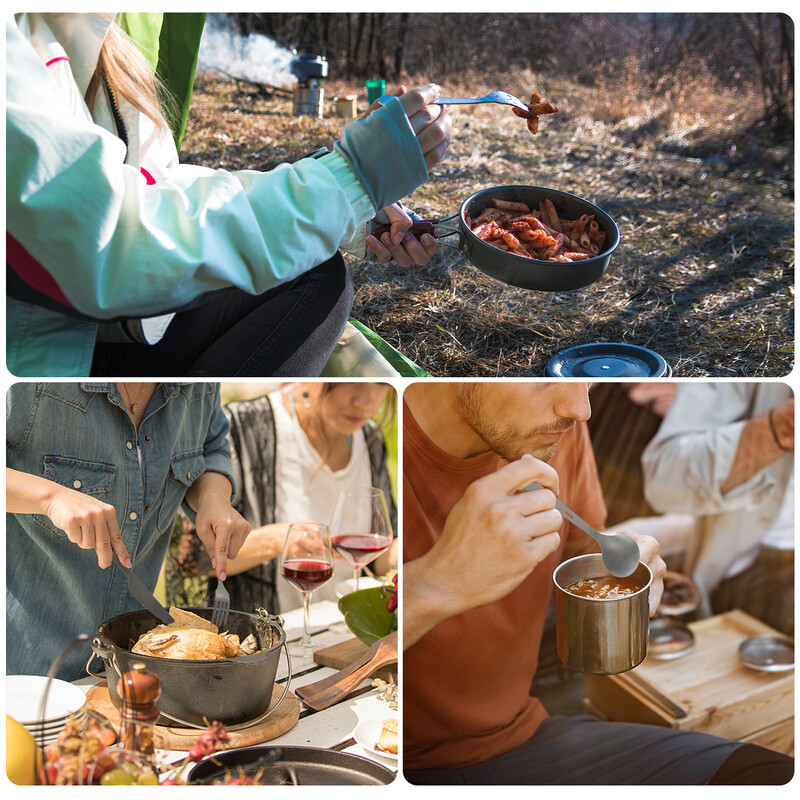 TOMSHOO set pribora za jelo od 3 komada od titana, lagani rezač sa žlicom i vilicom s karabinerom i vrećom za povlačenje za posuđe za kampiranje na otvorenom