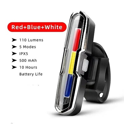 Velosipēda aizmugurējais lukturis ūdensizturīgs LED USB uzlādējams aizmugurējais lukturis velosipēda zibspuldzes drošība kalnu velosipēda aizmugurējais lukturis sarkans zils balts