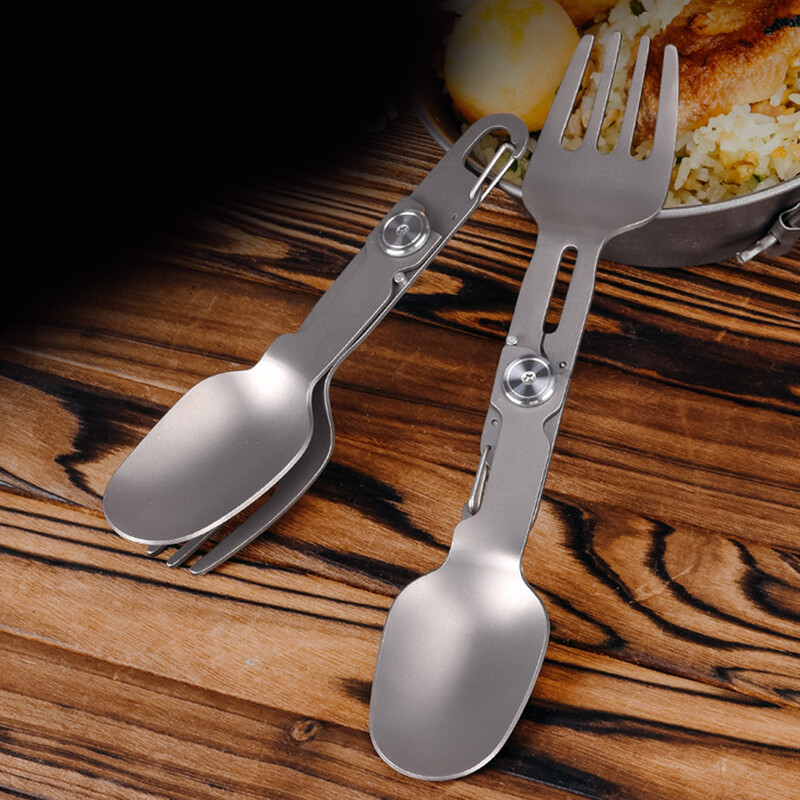 Pārnēsājams titāna sakausējums 2 vienā salokāmā dakša un karote Combo viegla kempinga piederumi Spork mugursomu āra rīks EDC