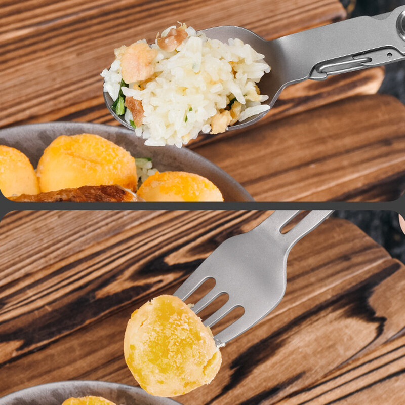 Pārnēsājams titāna sakausējums 2 vienā salokāmā dakša un karote Combo viegla kempinga piederumi Spork mugursomu āra rīks EDC