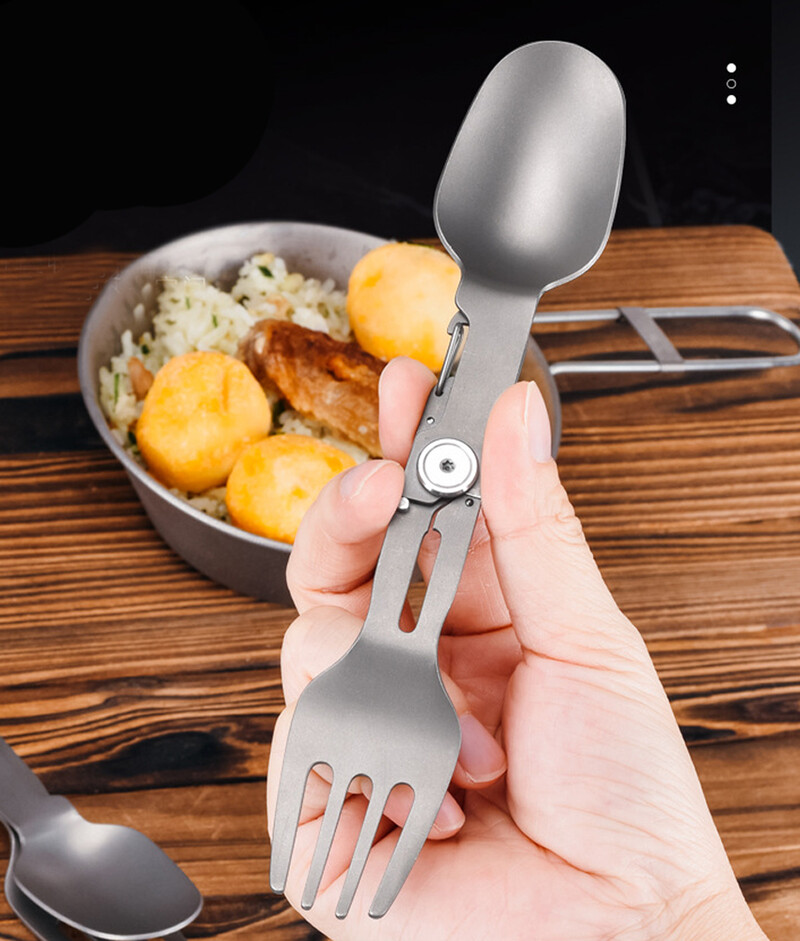 Pārnēsājams titāna sakausējums 2 vienā salokāmā dakša un karote Combo viegla kempinga piederumi Spork mugursomu āra rīks EDC