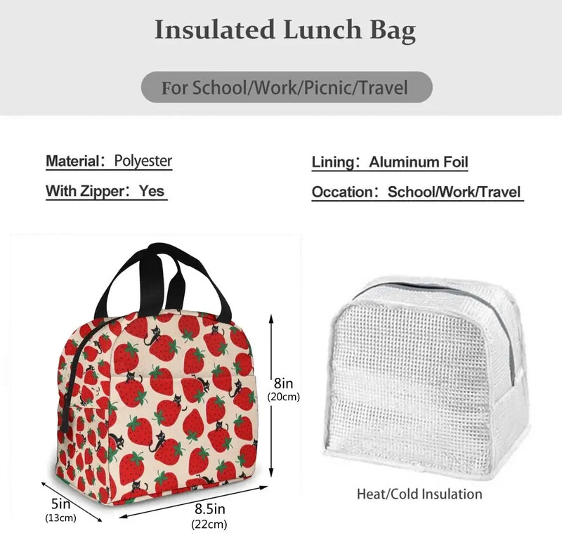 Melns kaķis uz sarkanām zemeņu pusdienu soma sievietēm, meitenēm, bērniem, izolēts piknika maisiņš, termisks Bento sagatavošanās gudrs maisiņš pusdienu kaste kempings