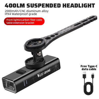 WEST BIKING Prednja svjetla za bicikle 400/600/800 lumena, prijenosna svjetiljka za bicikle od aluminijske legure Type-C Punjenje, vodootporna biciklistička svjetiljka
