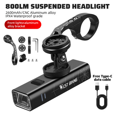 WEST BIKING Prednja svjetla za bicikle 400/600/800 lumena, prijenosna svjetiljka za bicikle od aluminijske legure Type-C Punjenje, vodootporna biciklistička svjetiljka