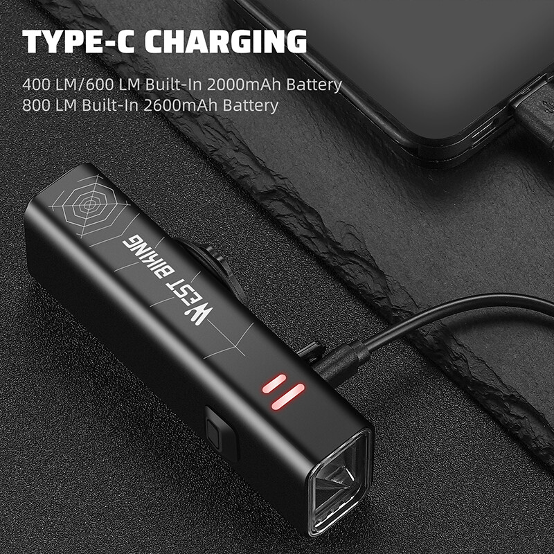 WEST BIKING Prednja svjetla za bicikle 400/600/800 lumena, prijenosna svjetiljka za bicikle od aluminijske legure Type-C Punjenje, vodootporna biciklistička svjetiljka