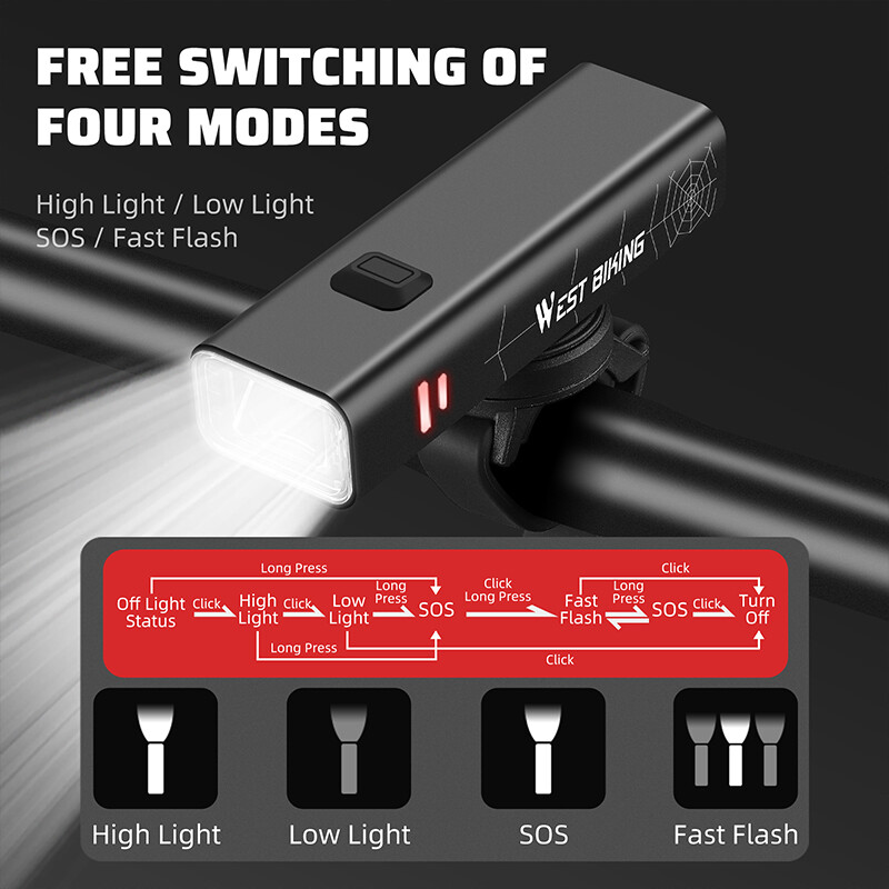 WEST BIKING Prednja svjetla za bicikle 400/600/800 lumena, prijenosna svjetiljka za bicikle od aluminijske legure Type-C Punjenje, vodootporna biciklistička svjetiljka