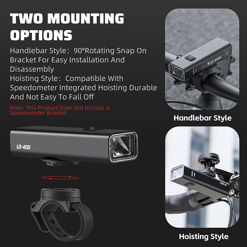 WEST BIKING Prednja svjetla za bicikle 400/600/800 lumena, prijenosna svjetiljka za bicikle od aluminijske legure Type-C Punjenje, vodootporna biciklistička svjetiljka