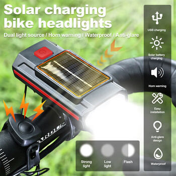 X-TIGER Solar Bicycle Light Κόρνα Προβολέας 120dB TYPE-C Φόρτιση MTB Ποδήλατο Δρόμου Μπροστινό Φωτιστικό Εξωτερικού φακού Φώτα ποδηλάτου