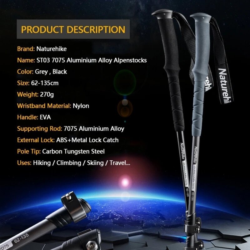 Naturehike saliekams pārgājienu nūjas salokāms spieķis kāpšanai, izvelkams 3 sekciju teleskopiskais alumīnija sakausējums 2024