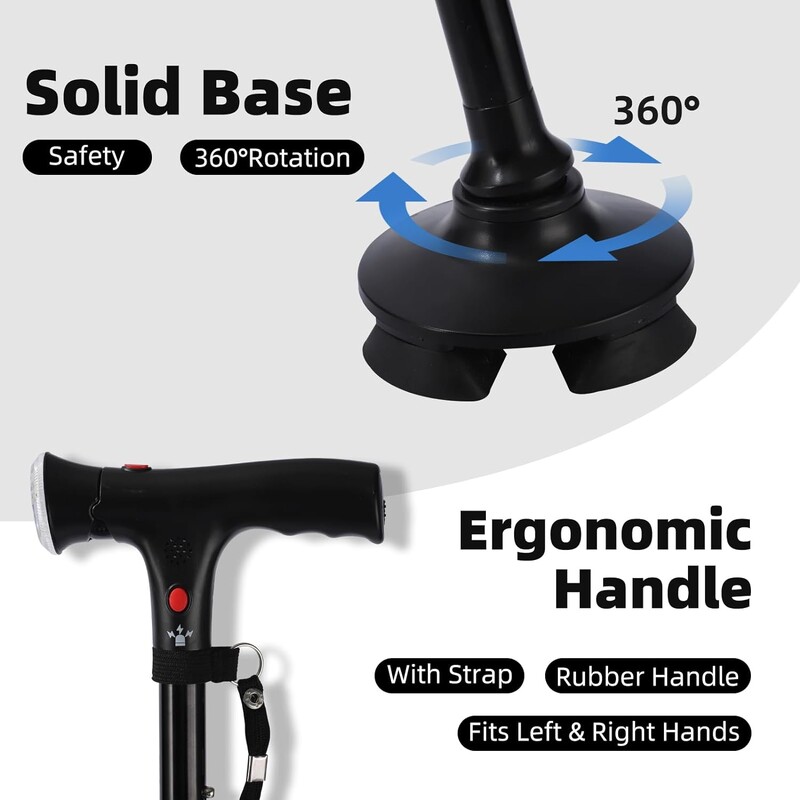 Višenamjenski sklopivi štap, prijenosno pametno LED svjetlo s četiri baze, funkcija alarma, osvjetljenje, protuklizni štap za starije osobe, planinarenje