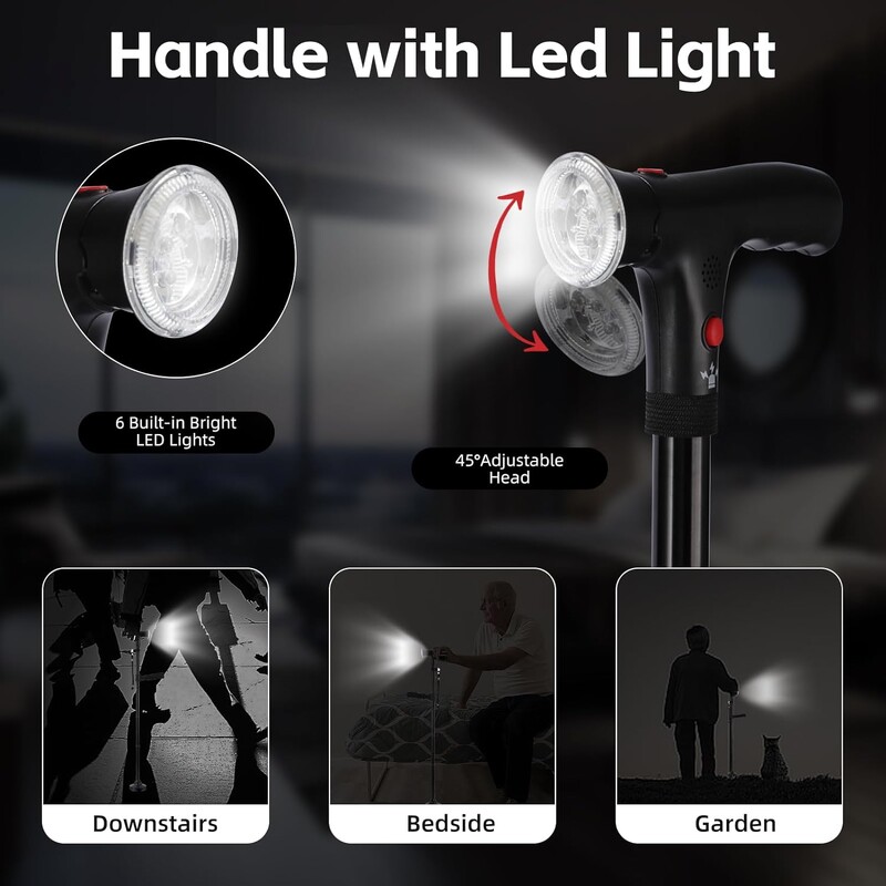 Višenamjenski sklopivi štap, prijenosno pametno LED svjetlo s četiri baze, funkcija alarma, osvjetljenje, protuklizni štap za starije osobe, planinarenje