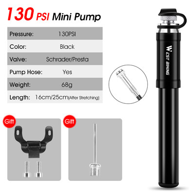 WEST BIKING pārnēsājams velosipēda augstspiediena sūknis ar šļūteni MTB šosejas velosipēds Schrader Presta Valve alumīnija sakausējuma riteņbraukšanas piepūtējs