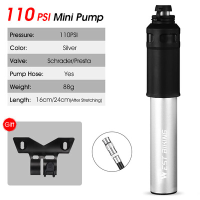 WEST BIKING pārnēsājams velosipēda augstspiediena sūknis ar šļūteni MTB šosejas velosipēds Schrader Presta Valve alumīnija sakausējuma riteņbraukšanas piepūtējs
