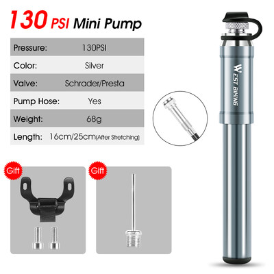WEST BIKING pārnēsājams velosipēda augstspiediena sūknis ar šļūteni MTB šosejas velosipēds Schrader Presta Valve alumīnija sakausējuma riteņbraukšanas piepūtējs