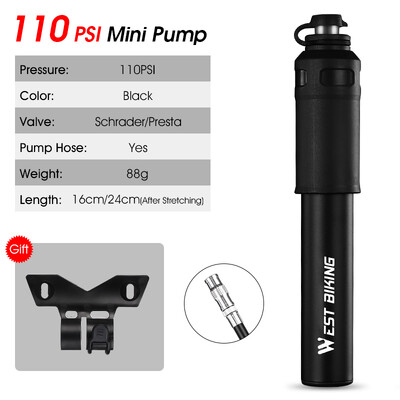 WEST BIKING pārnēsājams velosipēda augstspiediena sūknis ar šļūteni MTB šosejas velosipēds Schrader Presta Valve alumīnija sakausējuma riteņbraukšanas piepūtējs