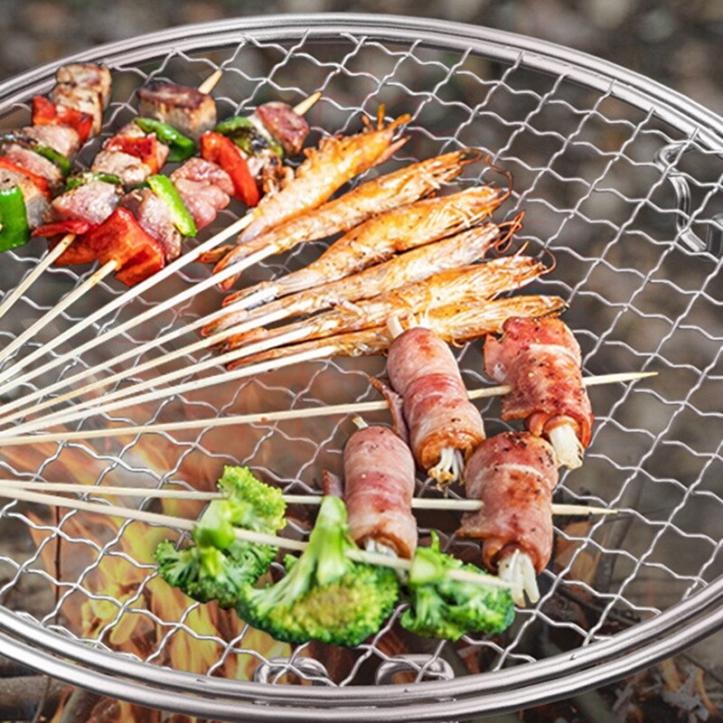 Āra bārbekjū grils, apaļš grila paliktnis, grils, nepiedegošs picas tīkls, sabiezināts, salokāms pārnēsājams grila paliktnis