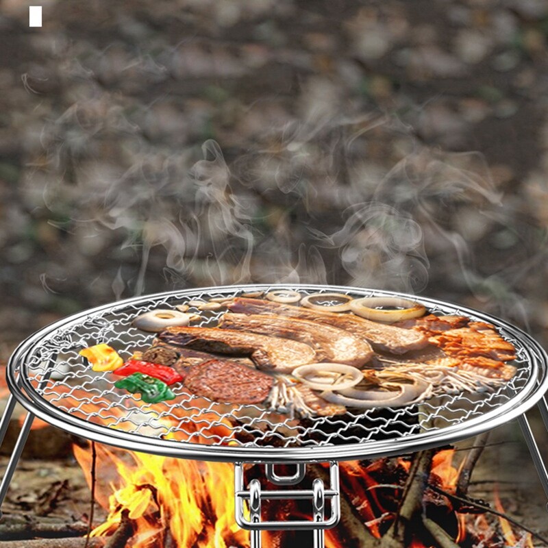 Āra bārbekjū grils, apaļš grila paliktnis, grils, nepiedegošs picas tīkls, sabiezināts, salokāms pārnēsājams grila paliktnis