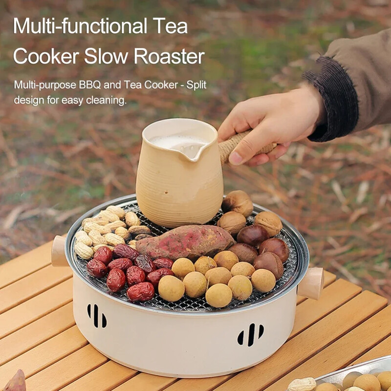 28 cm (bez oglekļa) Pārnēsājama apaļa bārbekjū plīts ar stiepļu sieta grilu, nepiedegošu cepešpannu uz galda, mājsaimniecības kempinga grila rīki