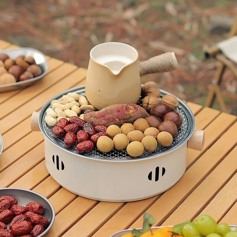 28 cm (bez oglekļa) Pārnēsājama apaļa bārbekjū plīts ar stiepļu sieta grilu, nepiedegošu cepešpannu uz galda, mājsaimniecības kempinga grila rīki