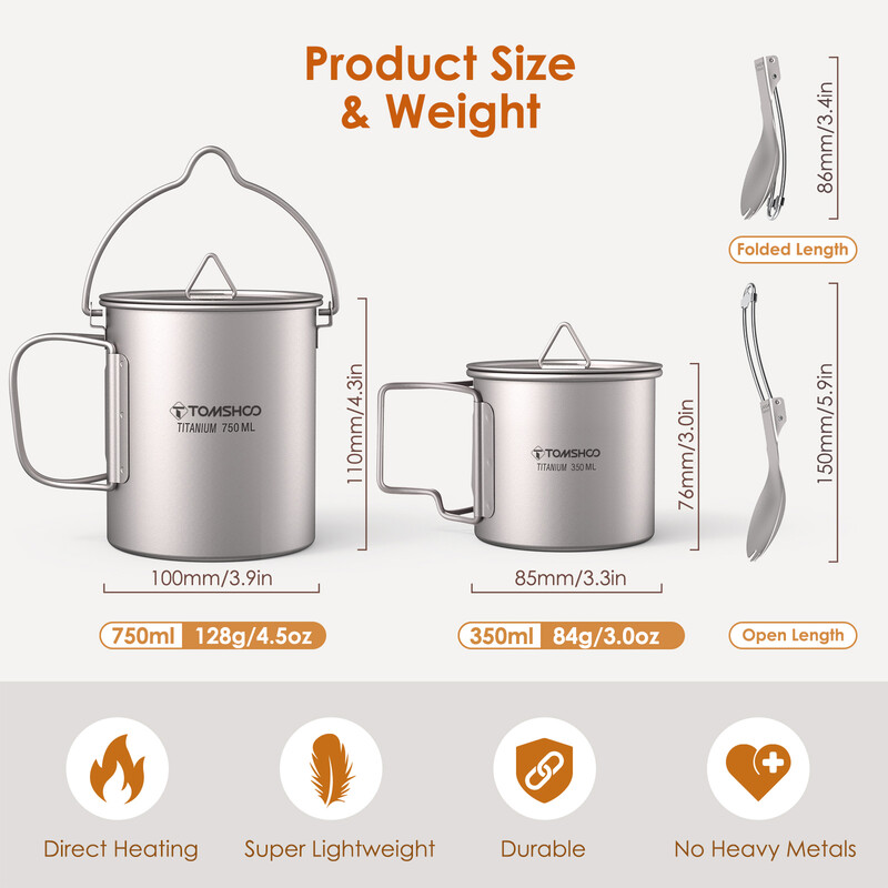 Tomshoo 3 PCS titāna virtuves piederumu komplekts, īpaši viegls, 750 ml katls, 450 ml ūdens krūze, krūze ar vāku, salokāma spora, āra kempinga mugursomai