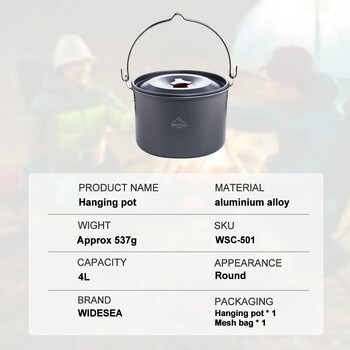 Widesea 4L Camping Hanging Pot Cookware Outdoor Bowler Επιτραπέζια σκεύη για πικνίκ 4-6 ατόμων Μαγειρική Τουρισμός Ψάρεμα Εξοπλισμός κουζίνας