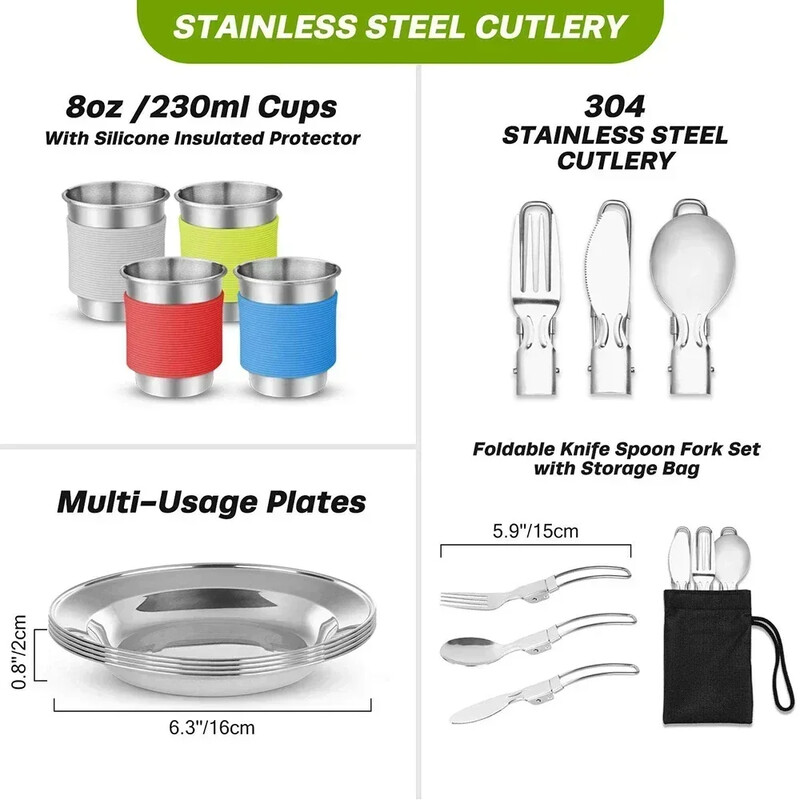 Комплект прибори за къмпинг Комплект съдове за готвене на открито Семеен туризъм Пътуване Пикник Посуда Сгъваема купа Тиган Нож Вилица