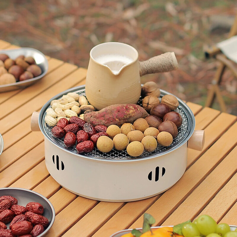 [Bez oglēm] Pārnēsājama 28 cm apaļa bārbekjū pārtikas kokogļu plīts ar stiepļu sietu, grila cepešpannu uz galda, mājas kempinga grila rīki