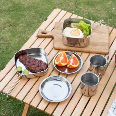 pikniks, izmantojot pārtikas uzglabāšanas komplektu sešu gabalu komplekti Outdoor Camping Virtuves komplekts Pārnēsājams īpaši viegls pikniks