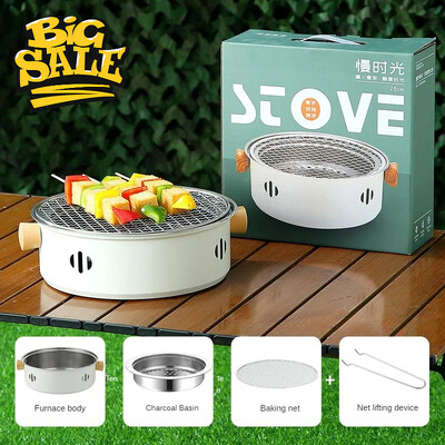 Āra kempinga grils ar oglēm grils ar grilu daudzfunkcionāls gatavošanas pikniks, apaļa, nepiedegoša bārbekjū plīts