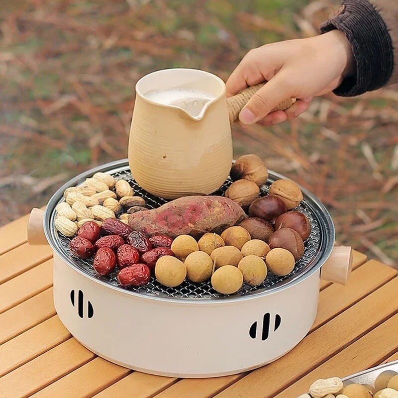 Āra kempinga grils ar oglēm grils ar grilu daudzfunkcionāls gatavošanas pikniks, apaļa, nepiedegoša bārbekjū plīts