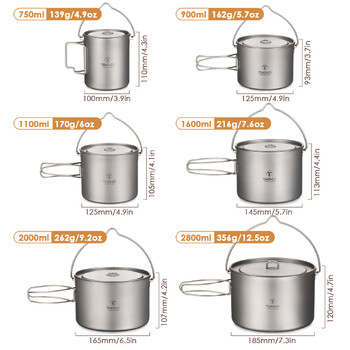 TOMSHOO Camping Cookware Κατσαρόλα Titanium 0,75L/0,9L/1,1L/1,6L/2L/2,8L Υπερελαφριά κρεμαστή κατσαρόλα με πτυσσόμενη λαβή με καπάκι, μαγείρεμα σε εξωτερικό χώρο