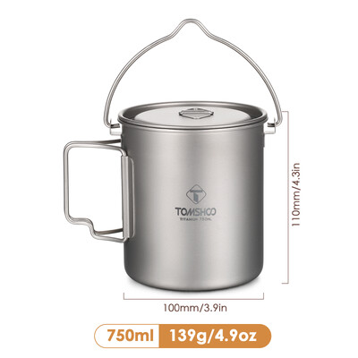 TOMSHOO Camping virtuves piederumi titāna katls 0,75 l/0,9 l/1,1 l/1,6 l/2 l/2,8 l īpaši viegls piekarināms katls ar vāku, salokāmu rokturi, gatavošanai ārā