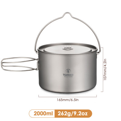 TOMSHOO Camping virtuves piederumi titāna katls 0,75 l/0,9 l/1,1 l/1,6 l/2 l/2,8 l īpaši viegls piekarināms katls ar vāku, salokāmu rokturi, gatavošanai ārā