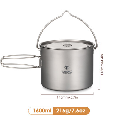 TOMSHOO Camping virtuves piederumi titāna katls 0,75 l/0,9 l/1,1 l/1,6 l/2 l/2,8 l īpaši viegls piekarināms katls ar vāku, salokāmu rokturi, gatavošanai ārā