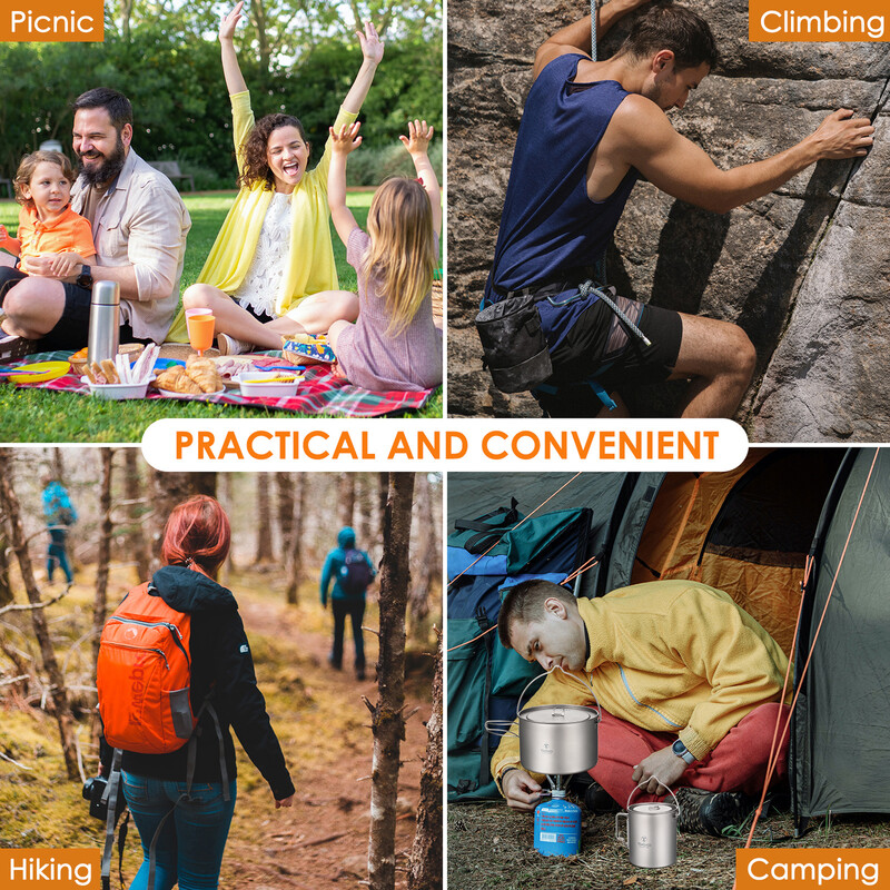 TOMSHOO Camping virtuves piederumi titāna katls 0,75 l/0,9 l/1,1 l/1,6 l/2 l/2,8 l īpaši viegls piekarināms katls ar vāku, salokāmu rokturi, gatavošanai ārā