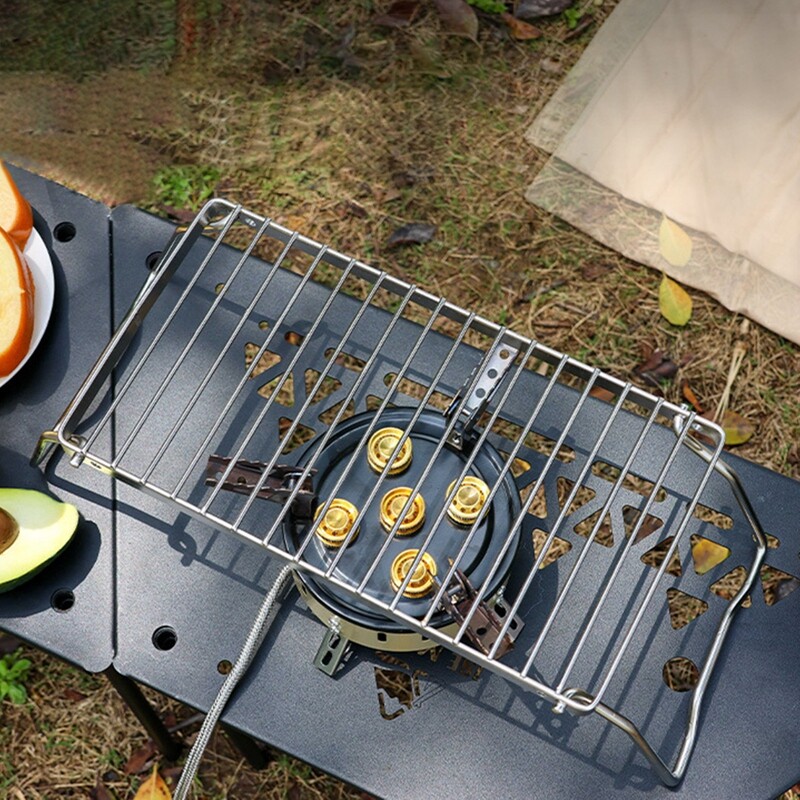 Saliekams ugunskura grils Pārnēsājams nerūsējošā tērauda kempinga grila restes gāzes plīts statīvs Daudzfunkcionāls āra koka plīts statīvs