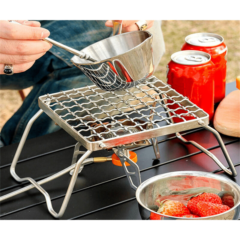 1 бр. Външен държач за печка от неръждаема стомана, преносим сгъваем грил, скара, тава, поставка, скара