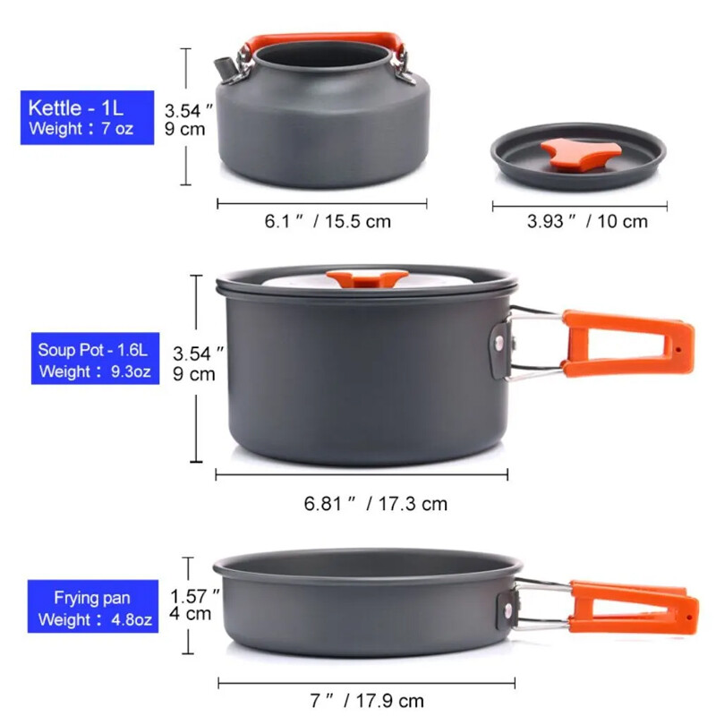 Преносим комплект за къмпинг съдове за готвене Външен съд за готвене Тиган Гърне Купа Лъжица Вилица Прибори за туризъм Пикник Пътуване Wild Campismo