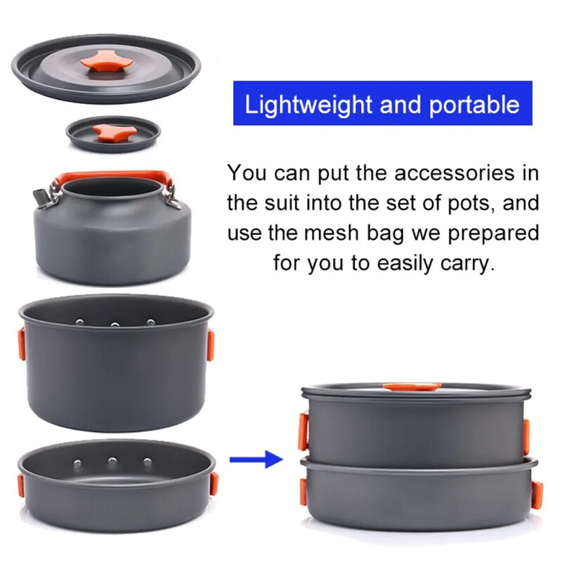 Преносим комплект за къмпинг съдове за готвене Външен съд за готвене Тиган Гърне Купа Лъжица Вилица Прибори за туризъм Пикник Пътуване Wild Campismo