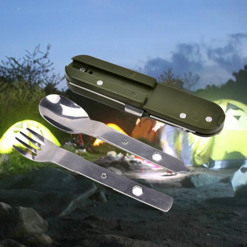 1ks skladací prenosný nerezový kempingový piknikový príbor nôž vidlička lyžica otvárač na fľaše príbory riad cestovná súprava kemping