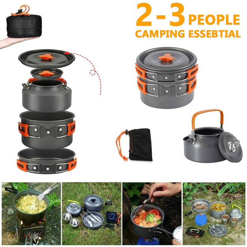 Kit de vase de gătit pentru camping Set de gătit în aer liber din aluminiu Fierbător de apă Oală Călătorie Drumeții Picnic Echipament pentru vesela pentru grătar