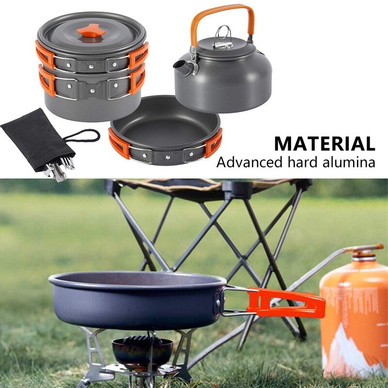 Kit de vase de gătit pentru camping Set de gătit în aer liber din aluminiu Fierbător de apă Oală Călătorie Drumeții Picnic Echipament pentru vesela pentru grătar
