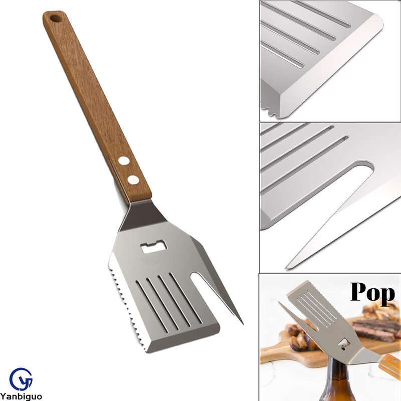 5 vienā grila lāpstiņa ar nazi, daudzfunkcionāla grila lāpstiņa ar koka rokturi, BBQ griliem un kebabiem kempinga piknikiem