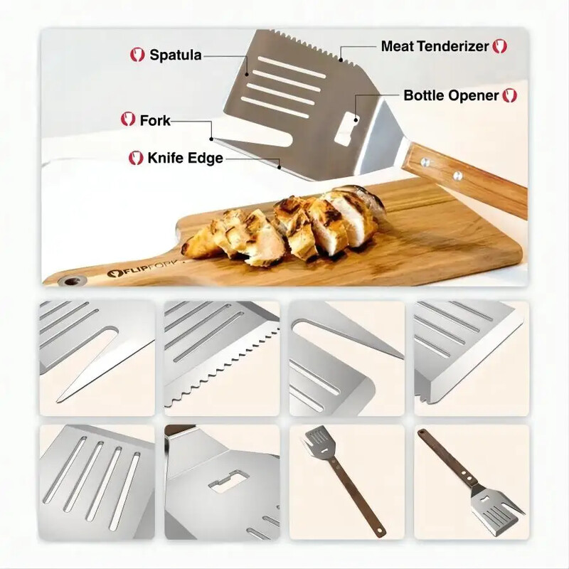 5 vienā grila lāpstiņa ar nazi, daudzfunkcionāla grila lāpstiņa ar koka rokturi, BBQ griliem un kebabiem kempinga piknikiem