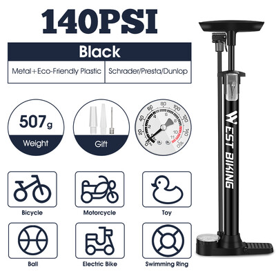 WEST BIKING Velosipēdu gaisa sūknis augstspiediena riteņbraukšanai 140 PSI grīdas sūknis MTB šosejas velosipēds Schrader Presta Valve Ball Riepu piepūtējs