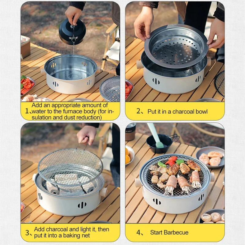 Барбекю скара от неръждаема стомана Домашен открит къмпинг Печка за барбекю на дървени въглища Скара Мрежа Преносим бездимен кръгъл тиган за барбекю