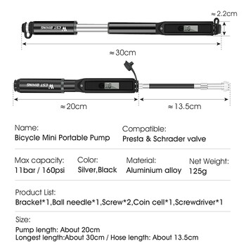WEST BIKING αντλία ποδηλάτου με φορητό πλαίσιο Αντλία ποδηλάτου Schrader και Presta Valve 160psi Αντλία ελαστικών για Road Mountain Bike