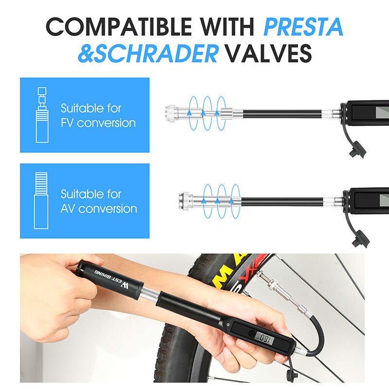 WEST BIKING Pumpa za bicikle s mjeračem Prijenosni okvir Pumpa za bicikle Schrader i Presta ventil 160psi Pumpa za gume za cestovne brdske bicikle