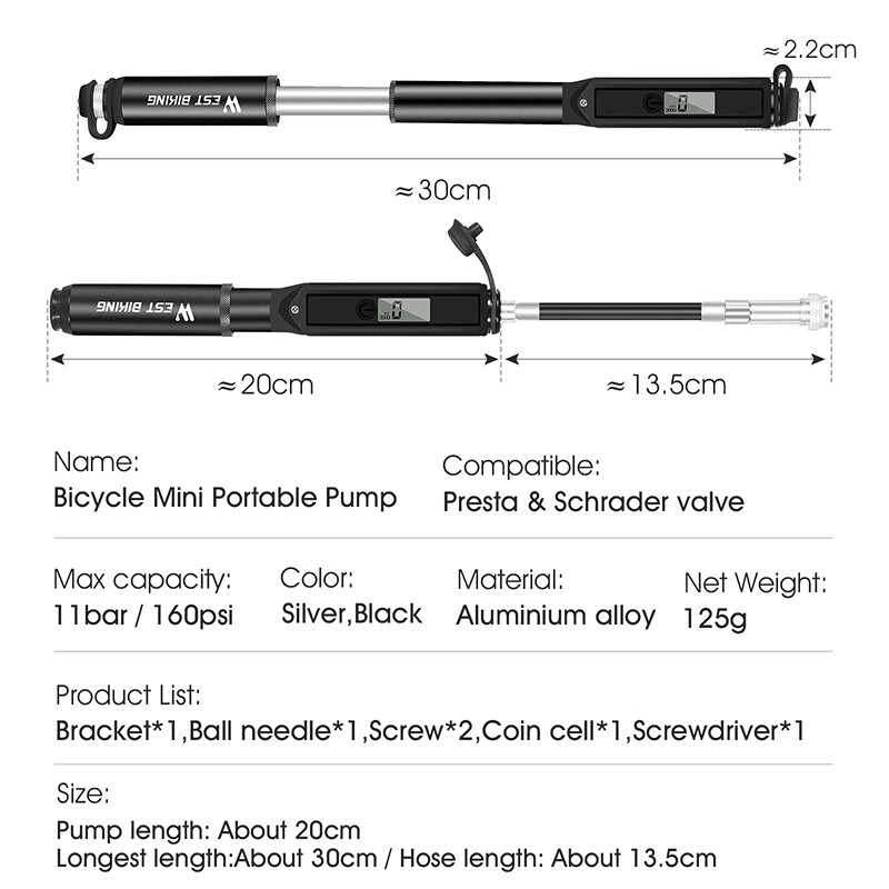 WEST BIKING Pumpa za bicikle s mjeračem Prijenosni okvir Pumpa za bicikle Schrader i Presta ventil 160psi Pumpa za gume za cestovne brdske bicikle